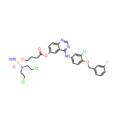 N[P@](=O)(OCCCC(=O)Oc1ccc2ncnc(Nc3ccc(OCc4cccc(F)c4)c(Cl)c3)c2c1)N(CCCl)CCCl ZINC001772631514