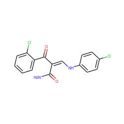 NC(=O)/C(=C\Nc1ccc(Cl)cc1)C(=O)c1ccccc1Cl ZINC000028701956