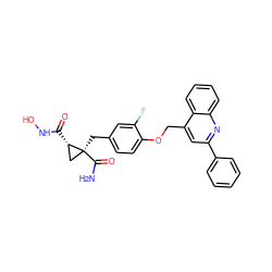 NC(=O)[C@@]1(Cc2ccc(OCc3cc(-c4ccccc4)nc4ccccc34)c(F)c2)C[C@@H]1C(=O)NO ZINC000040862219