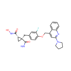 NC(=O)[C@@]1(Cc2ccc(OCc3cc(N4CCCC4)nc4ccccc34)c(F)c2)C[C@@H]1C(=O)NO ZINC000040893892