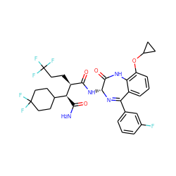 NC(=O)[C@@H](C1CCC(F)(F)CC1)[C@@H](CCC(F)(F)F)C(=O)N[C@H]1N=C(c2cccc(F)c2)c2cccc(OC3CC3)c2NC1=O ZINC000205756309