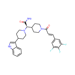 NC(=O)[C@@H](C1CCN(C(=O)/C=C/c2cc(F)c(F)c(F)c2)CC1)N1CCC(c2c[nH]c3ccccc23)CC1 ZINC000028824803