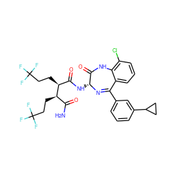 NC(=O)[C@@H](CCC(F)(F)F)[C@@H](CCC(F)(F)F)C(=O)N[C@H]1N=C(c2cccc(C3CC3)c2)c2cccc(Cl)c2NC1=O ZINC000210767608