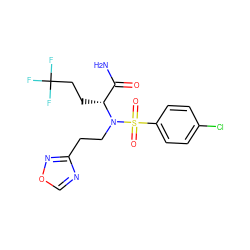 NC(=O)[C@@H](CCC(F)(F)F)N(CCc1ncon1)S(=O)(=O)c1ccc(Cl)cc1 ZINC000084689205