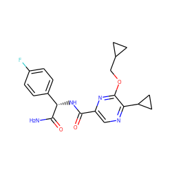 NC(=O)[C@@H](NC(=O)c1cnc(C2CC2)c(OCC2CC2)n1)c1ccc(F)cc1 ZINC000207393150