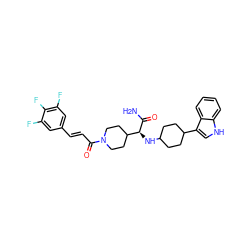 NC(=O)[C@@H](NC1CCC(c2c[nH]c3ccccc23)CC1)C1CCN(C(=O)/C=C/c2cc(F)c(F)c(F)c2)CC1 ZINC000073196029