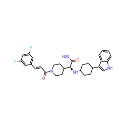 NC(=O)[C@@H](NC1CCC(c2c[nH]c3ccccc23)CC1)C1CCN(C(=O)/C=C/c2cc(F)cc(F)c2)CC1 ZINC000073403388