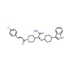 NC(=O)[C@@H](NC1CCC(c2c[nH]c3ccccc23)CC1)C1CCN(C(=O)/C=C/c2ccc(Cl)cc2)CC1 ZINC000073165116