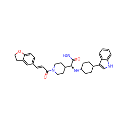 NC(=O)[C@@H](NC1CCC(c2c[nH]c3ccccc23)CC1)C1CCN(C(=O)/C=C/c2ccc3c(c2)CCO3)CC1 ZINC000168123280