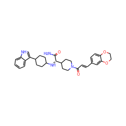 NC(=O)[C@@H](NC1CCC(c2c[nH]c3ccccc23)CC1)C1CCN(C(=O)/C=C/c2ccc3c(c2)OCCO3)CC1 ZINC000167681287