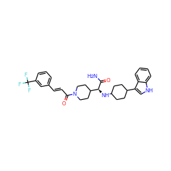 NC(=O)[C@@H](NC1CCC(c2c[nH]c3ccccc23)CC1)C1CCN(C(=O)/C=C/c2cccc(C(F)(F)F)c2)CC1 ZINC000168183210