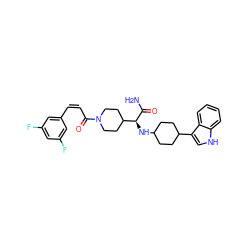 NC(=O)[C@@H](NC1CCC(c2c[nH]c3ccccc23)CC1)C1CCN(C(=O)/C=C\c2cc(F)cc(F)c2)CC1 ZINC000073169153