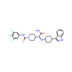 NC(=O)[C@@H](NC1CCC(c2c[nH]c3ccccc23)CC1)C1CCN(C(=O)Nc2cc(F)c(F)c(F)c2)CC1 ZINC000143823064