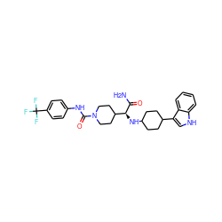 NC(=O)[C@@H](NC1CCC(c2c[nH]c3ccccc23)CC1)C1CCN(C(=O)Nc2ccc(C(F)(F)F)cc2)CC1 ZINC000168367706