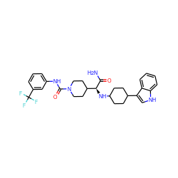 NC(=O)[C@@H](NC1CCC(c2c[nH]c3ccccc23)CC1)C1CCN(C(=O)Nc2cccc(C(F)(F)F)c2)CC1 ZINC000168136907