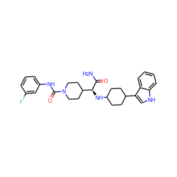 NC(=O)[C@@H](NC1CCC(c2c[nH]c3ccccc23)CC1)C1CCN(C(=O)Nc2cccc(F)c2)CC1 ZINC000143610146