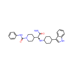 NC(=O)[C@@H](NC1CCC(c2c[nH]c3ccccc23)CC1)C1CCN(C(=O)Nc2ccccc2)CC1 ZINC000073163628