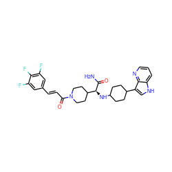 NC(=O)[C@@H](NC1CCC(c2c[nH]c3cccnc23)CC1)C1CCN(C(=O)/C=C/c2cc(F)c(F)c(F)c2)CC1 ZINC000073168336