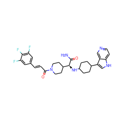 NC(=O)[C@@H](NC1CCC(c2c[nH]c3ccncc23)CC1)C1CCN(C(=O)/C=C/c2cc(F)c(F)c(F)c2)CC1 ZINC000073165955