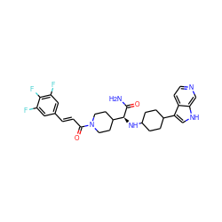 NC(=O)[C@@H](NC1CCC(c2c[nH]c3cnccc23)CC1)C1CCN(C(=O)/C=C/c2cc(F)c(F)c(F)c2)CC1 ZINC000073165949