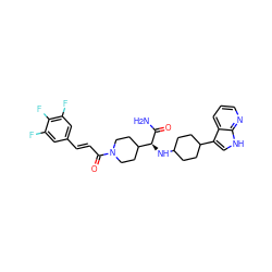 NC(=O)[C@@H](NC1CCC(c2c[nH]c3ncccc23)CC1)C1CCN(C(=O)/C=C/c2cc(F)c(F)c(F)c2)CC1 ZINC000073165943