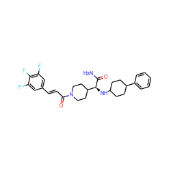 NC(=O)[C@@H](NC1CCC(c2ccccc2)CC1)C1CCN(C(=O)/C=C/c2cc(F)c(F)c(F)c2)CC1 ZINC000073167919