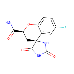 NC(=O)[C@@H]1C[C@]2(NC(=O)NC2=O)c2cc(F)ccc2O1 ZINC000003789766