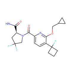 NC(=O)[C@@H]1CC(F)(F)CN1C(=O)c1ccc(C2(F)CCC2)c(OCC2CC2)n1 ZINC000146329386