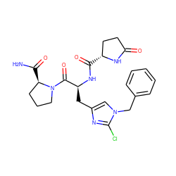 NC(=O)[C@@H]1CCCN1C(=O)[C@H](Cc1cn(Cc2ccccc2)c(Cl)n1)NC(=O)[C@@H]1CCC(=O)N1 ZINC000653729291