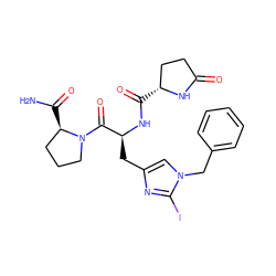 NC(=O)[C@@H]1CCCN1C(=O)[C@H](Cc1cn(Cc2ccccc2)c(I)n1)NC(=O)[C@@H]1CCC(=O)N1 ZINC000653733681