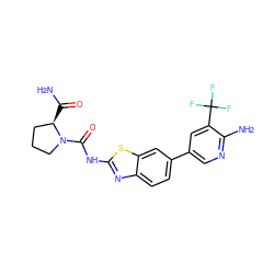 NC(=O)[C@@H]1CCCN1C(=O)Nc1nc2ccc(-c3cnc(N)c(C(F)(F)F)c3)cc2s1 ZINC000084688251