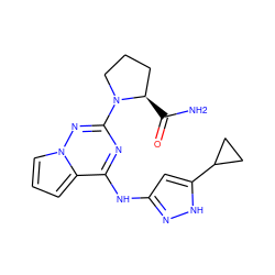 NC(=O)[C@@H]1CCCN1c1nc(Nc2cc(C3CC3)[nH]n2)c2cccn2n1 ZINC000045290389