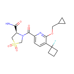 NC(=O)[C@@H]1CS(=O)(=O)CN1C(=O)c1ccc(C2(F)CCC2)c(OCC2CC2)n1 ZINC000146314012