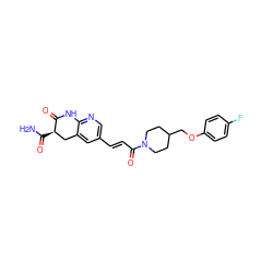 NC(=O)[C@@H]1Cc2cc(/C=C/C(=O)N3CCC(COc4ccc(F)cc4)CC3)cnc2NC1=O ZINC000169685397