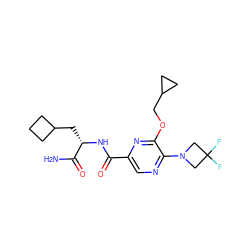 NC(=O)[C@H](CC1CCC1)NC(=O)c1cnc(N2CC(F)(F)C2)c(OCC2CC2)n1 ZINC000207415578