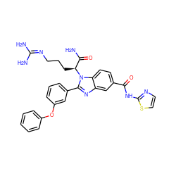 NC(=O)[C@H](CCCN=C(N)N)n1c(-c2cccc(Oc3ccccc3)c2)nc2cc(C(=O)Nc3nccs3)ccc21 ZINC000143716353