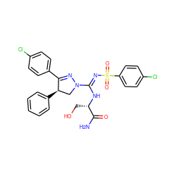 NC(=O)[C@H](CO)N/C(=N\S(=O)(=O)c1ccc(Cl)cc1)N1C[C@@H](c2ccccc2)C(c2ccc(Cl)cc2)=N1 ZINC000095578234