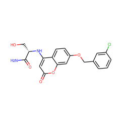 NC(=O)[C@H](CO)Nc1cc(=O)oc2cc(OCc3cccc(Cl)c3)ccc12 ZINC000101284170