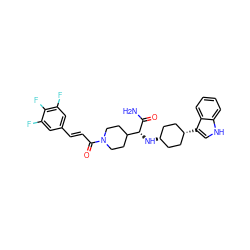 NC(=O)[C@H](N[C@H]1CC[C@@H](c2c[nH]c3ccccc32)CC1)C1CCN(C(=O)/C=C/c2cc(F)c(F)c(F)c2)CC1 ZINC000168018995