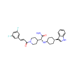 NC(=O)[C@H](N[C@H]1CC[C@H](c2c[nH]c3ccccc32)CC1)C1CCN(C(=O)/C=C/c2cc(F)cc(F)c2)CC1 ZINC000167505896