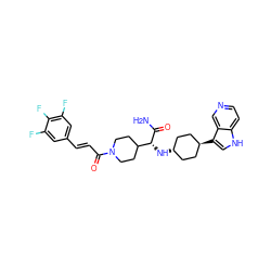 NC(=O)[C@H](N[C@H]1CC[C@H](c2c[nH]c3ccncc32)CC1)C1CCN(C(=O)/C=C/c2cc(F)c(F)c(F)c2)CC1 ZINC000261136403