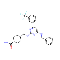 NC(=O)[C@H]1CC[C@H](CNc2nc(NCc3ccccc3)cc(-c3cccc(C(F)(F)F)c3)n2)CC1 ZINC000299828728