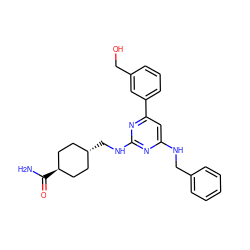 NC(=O)[C@H]1CC[C@H](CNc2nc(NCc3ccccc3)cc(-c3cccc(CO)c3)n2)CC1 ZINC000299819300