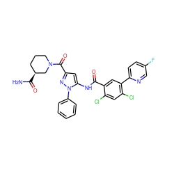 NC(=O)[C@H]1CCCN(C(=O)c2cc(NC(=O)c3cc(-c4ccc(F)cn4)c(Cl)cc3Cl)n(-c3ccccc3)n2)C1 ZINC001772571364