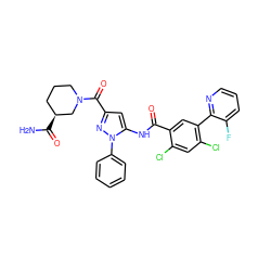 NC(=O)[C@H]1CCCN(C(=O)c2cc(NC(=O)c3cc(-c4ncccc4F)c(Cl)cc3Cl)n(-c3ccccc3)n2)C1 ZINC001772632627