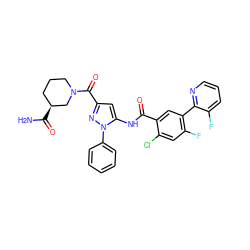 NC(=O)[C@H]1CCCN(C(=O)c2cc(NC(=O)c3cc(-c4ncccc4F)c(F)cc3Cl)n(-c3ccccc3)n2)C1 ZINC001772600803