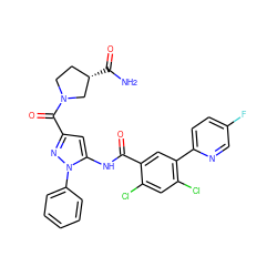 NC(=O)[C@H]1CCN(C(=O)c2cc(NC(=O)c3cc(-c4ccc(F)cn4)c(Cl)cc3Cl)n(-c3ccccc3)n2)C1 ZINC001772638876