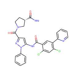 NC(=O)[C@H]1CCN(C(=O)c2cc(NC(=O)c3cc(-c4ccccn4)c(Cl)cc3Cl)n(-c3ccccc3)n2)C1 ZINC001772571154