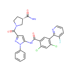 NC(=O)[C@H]1CCN(C(=O)c2cc(NC(=O)c3cc(-c4ncccc4F)c(Cl)cc3Cl)n(-c3ccccc3)n2)C1 ZINC001772637624