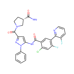 NC(=O)[C@H]1CCN(C(=O)c2cc(NC(=O)c3cc(-c4ncccc4F)c(F)cc3Cl)n(-c3ccccc3)n2)C1 ZINC001772605132